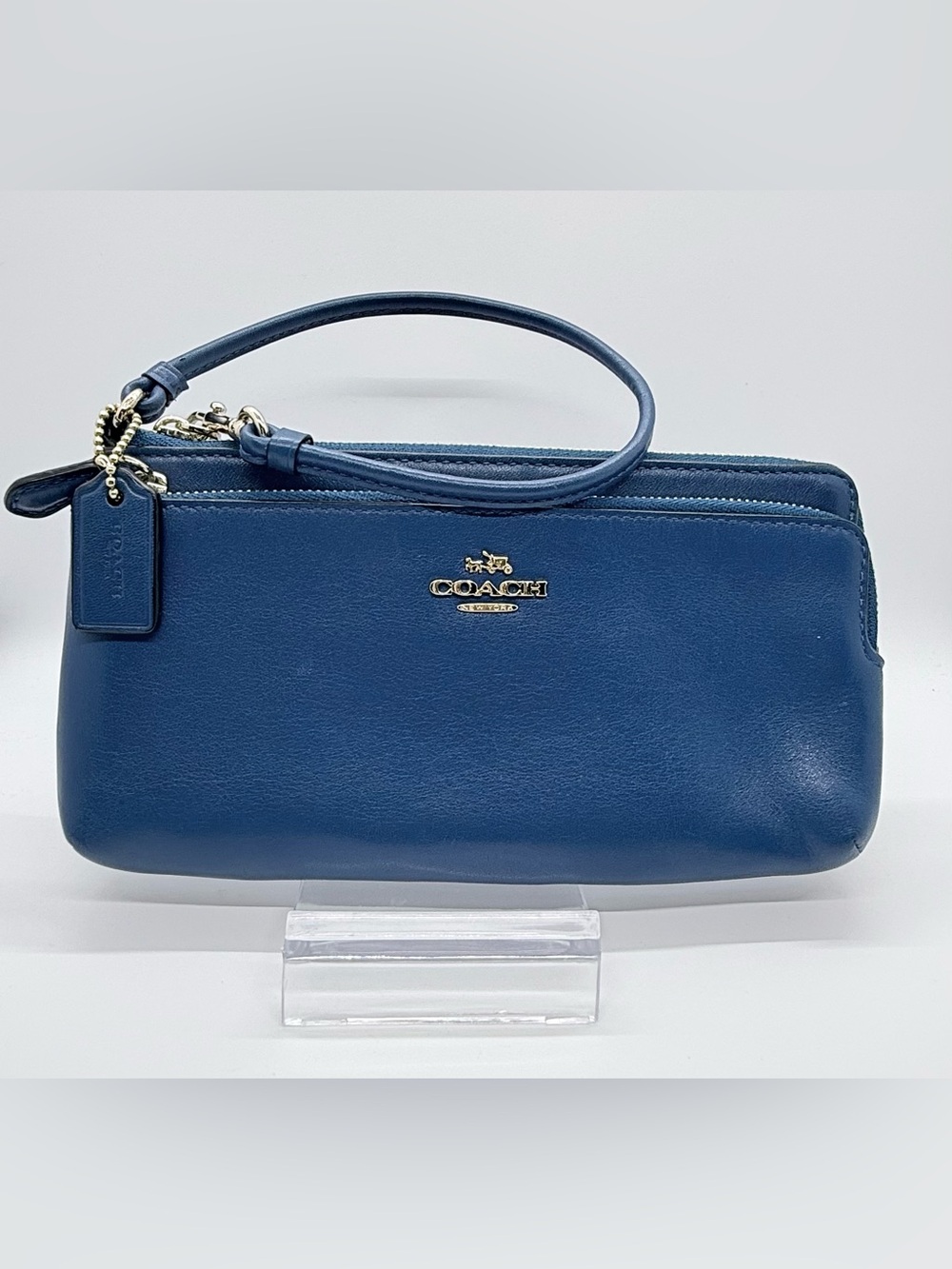 Coach Blue Leather Double Zip Phone Wristlet Wallet